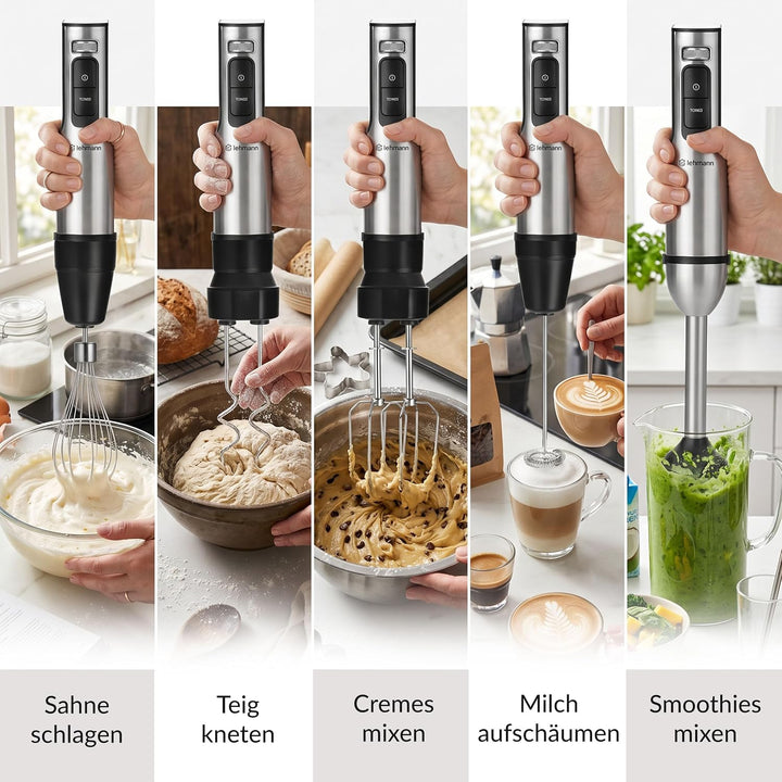 LEHMANN Stabmixer Set mit Ständer - 2000 Watt - Multifunktions Pürierstab 6-in-1-12 Geschwindigkeits