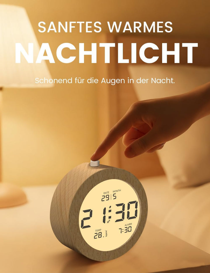 aboveClock Wecker Digital, Batteriebetriebene Uhr Tischuhr, LCD Alarm Clock Wecker Holz mit Temperat