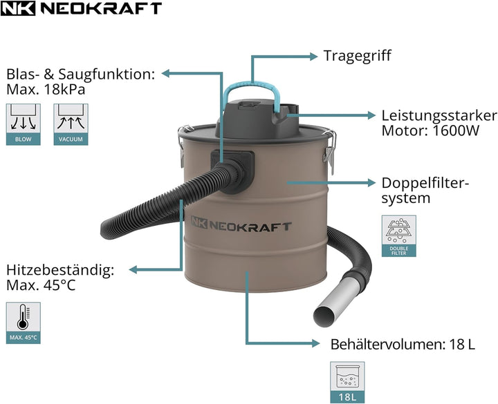 Neokraft Aschesauger 1600W – Elektrischer Aschestaubsauger für Kamin und Grill – Saugen und Blasen –