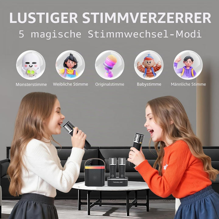 Karaoke-Maschine mit 2 drahtlosen Mikrofonen &amp; Mikrofonbasis, Mini-Bluetooth-Singlautsprecher mit LE