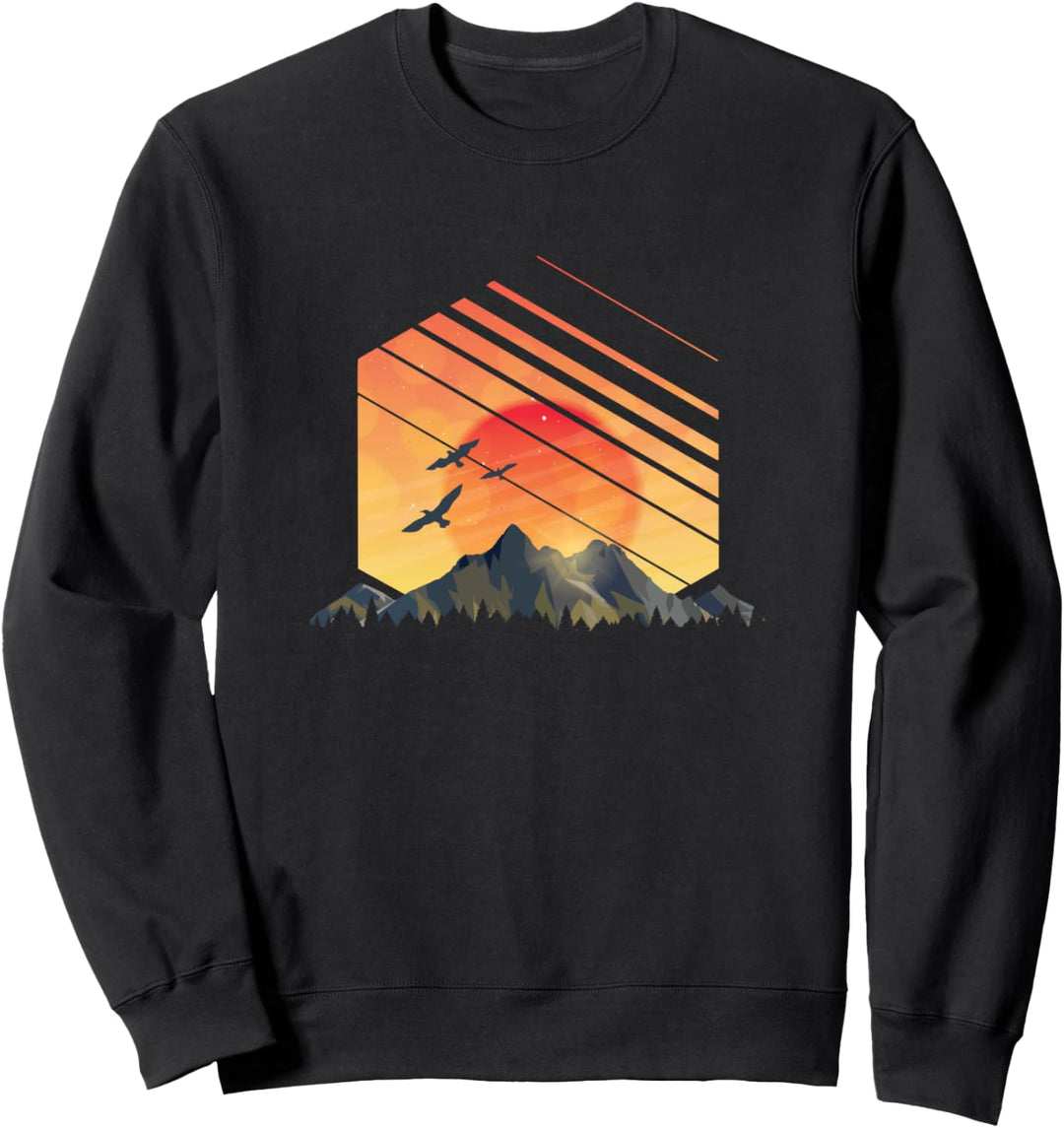 Berg Sonnen Design mit Bergen, Wald und Vögel für Wanderer Sweatshirt