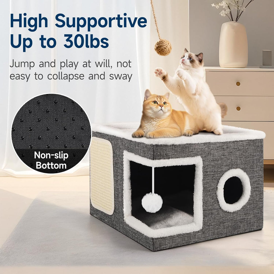 Faltbares Katzenhaus Indoor grosse Katzen, 43L x 43B x 32H cm Grosse Katzenhöhle mit Kratzbrett und