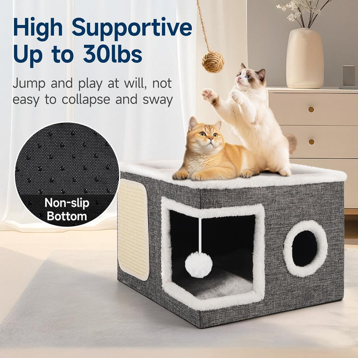 Faltbares Katzenhaus Indoor grosse Katzen, 43L x 43B x 32H cm Grosse Katzenhöhle mit Kratzbrett und