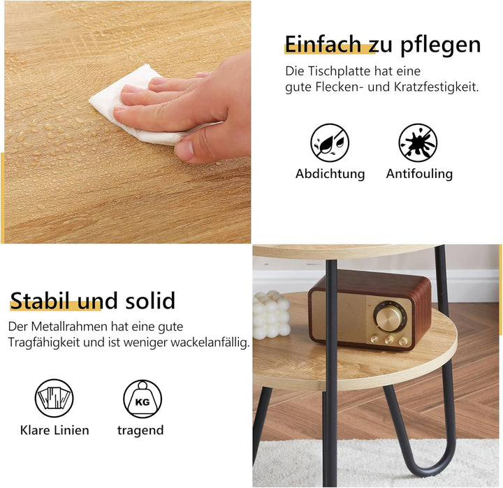 Mingone Couchtisch Rund Beistelltisch 2 Ablagen Sofatisch Modern mit Stauraum Kleiner Tisch für Wohn