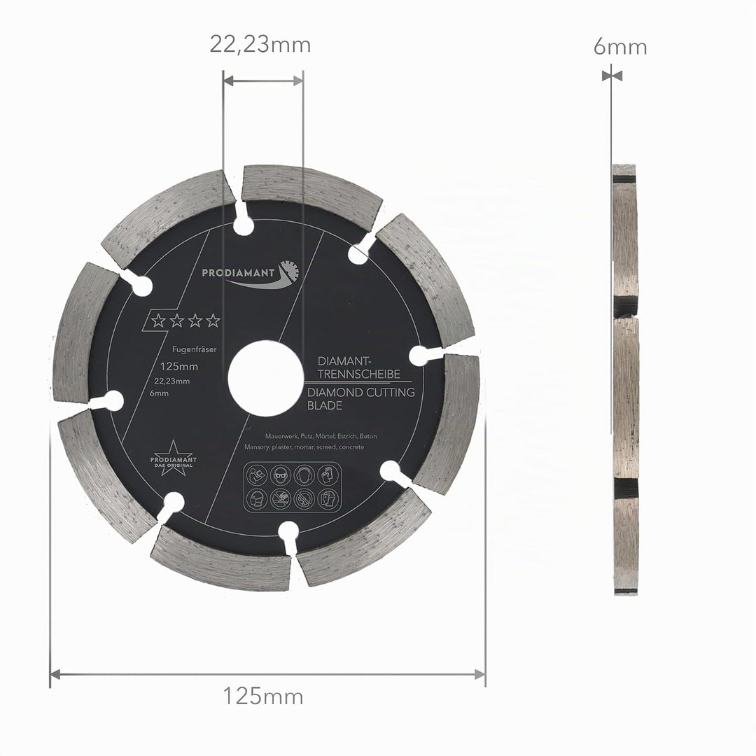 PRODIAMANT Fugenfräser ø 125mm Breite 6mm Frässcheibe für Mauerwerk Mörtel Fugen und Putz 10mm Segme