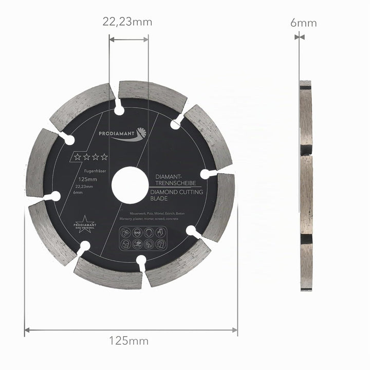 PRODIAMANT Fugenfräser ø 125mm Breite 6mm Frässcheibe für Mauerwerk Mörtel Fugen und Putz 10mm Segme