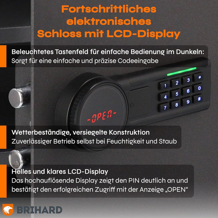 Family Digitaler LCD Tresor mit Zahlencode &amp; Feuerfeste Dokumententasche, 20L Stahl Safe 25x35x25cm,