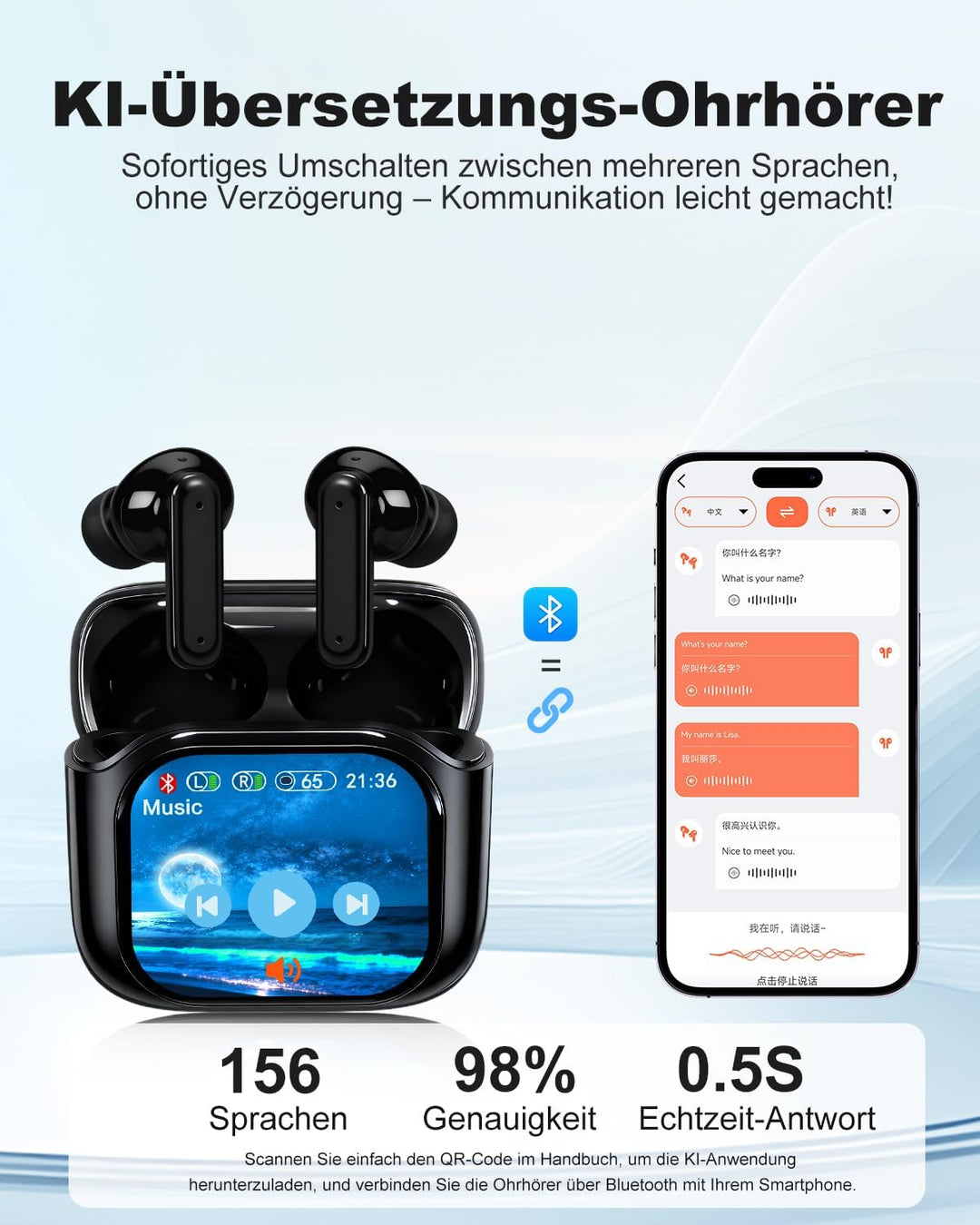 Ki Übersetzer Kopfhörer, Übersetzungskopfhörer mit echtzeit übersetzung, In Ear Translator Earbuds m