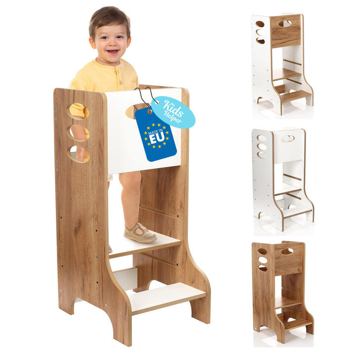 Kitchen Kids Helper Lernturm ab 1 Jahr - Höhenverstellbarer Lernturm Montessori Eiche-Weiss 90cm - S