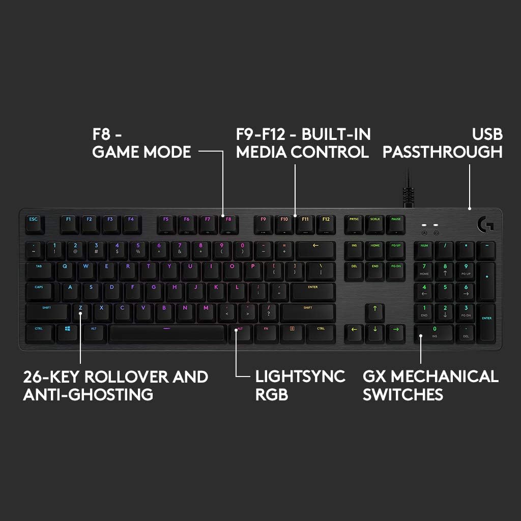 Logitech G512 mechanische Gaming-Tastatur, GX-Brown Taktile Switches, LIGHTSYNC RGB-Beleuchtung, USB