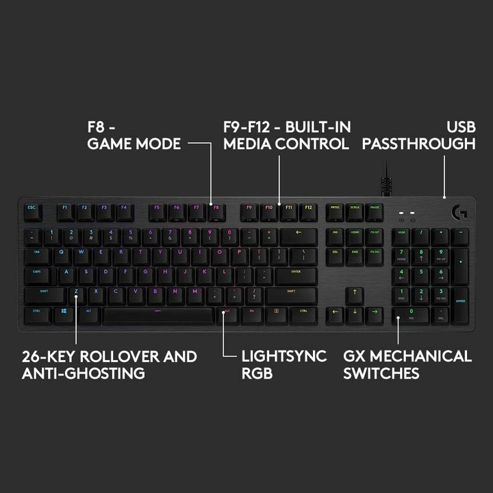Logitech G512 mechanische Gaming-Tastatur, GX-Brown Taktile Switches, LIGHTSYNC RGB-Beleuchtung, USB