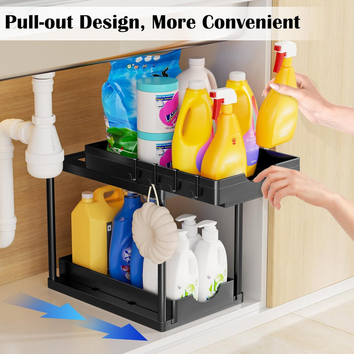 ARSTPEOE Küchen Organizer - Unter Waschbecken Regal - 2 Etagen Schrank Organizer mit 8 Haken, Schubl