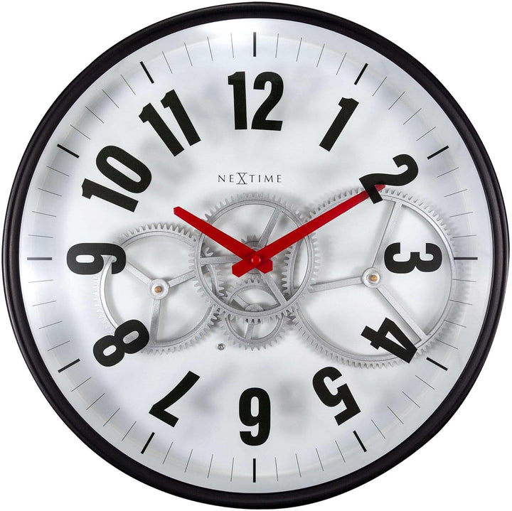 NeXtime Moderne Gear Uhr mit beweglichem Getriebe, Weiss, 36 cm, Metall/Glas