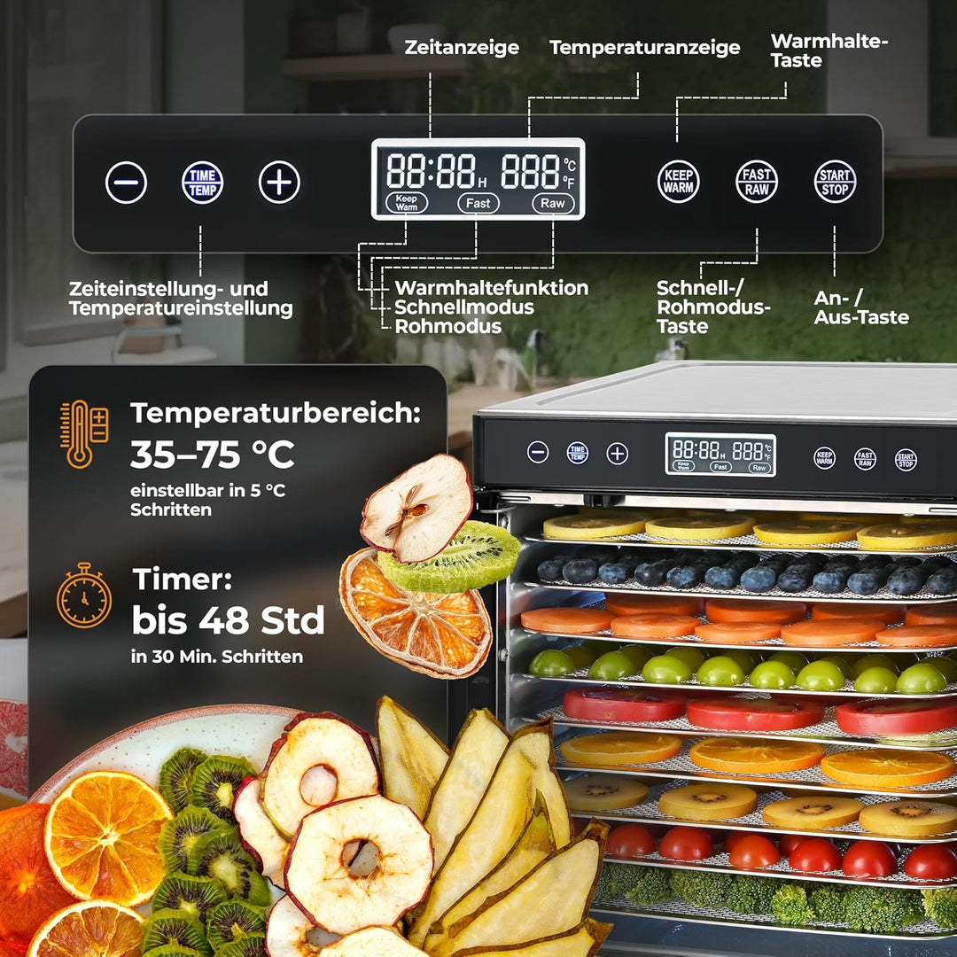 Balter Dörrautomat Edelstahl, Dörrgerät mit 10 Einlegefächern, BPA-frei, 700W, 8400 cm² Dörrfläche,