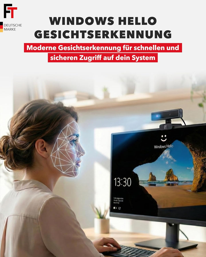 FeinTech FC200 2K Webcam Kamera 5MP für Windows Hello Gesichtserkennung, Webcam