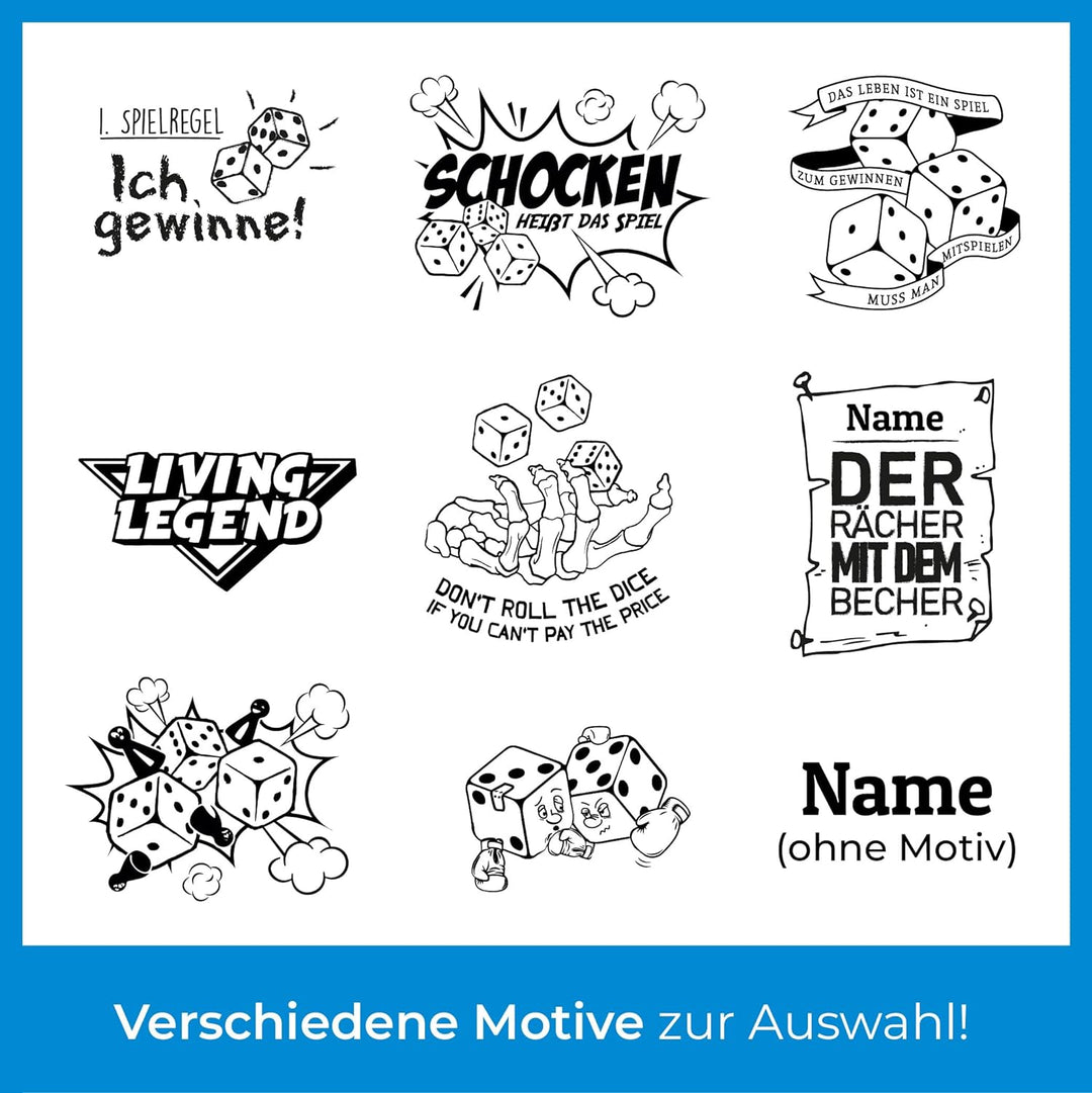 Diamandi Leder Würfelbecher mit Gravur und 6 Würfeln - Personalisiert mit Name + div. Motive zur Aus