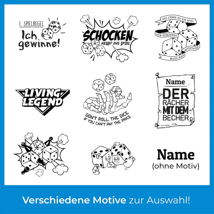 Diamandi Leder Würfelbecher mit Gravur und 6 Würfeln - Personalisiert mit Name + div. Motive zur Aus