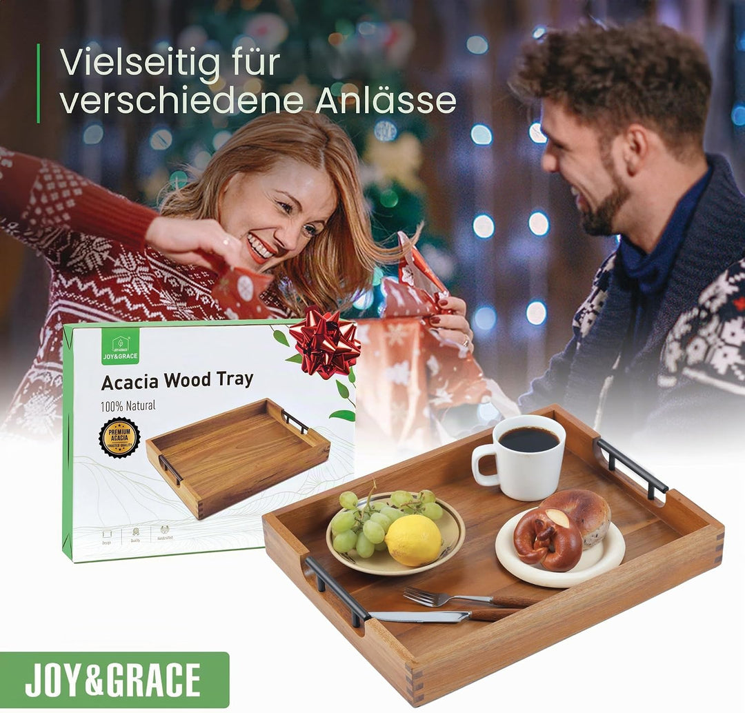 Joy&Grace Ottoman Tablett für Wohnzimmer, grosses Serviertablett aus Akazienholz mit Griffen, Holzta