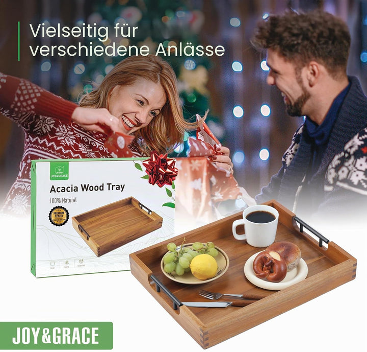 Joy&Grace Ottoman Tablett für Wohnzimmer, grosses Serviertablett aus Akazienholz mit Griffen, Holzta
