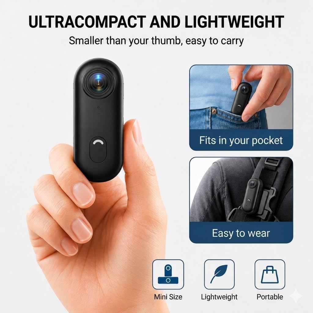 Winnes 4 K Mini Sportkamera, Tragbar,120 ° Weitwinkel, Sportkamera mit Clip hinten, 360 °, Audio- un