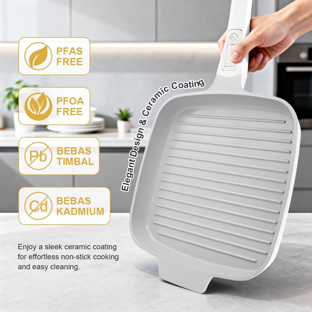 RANX INGST Grillpfanne Induktion 26 x 24 cm mit Deckel, Antihaft Keramikbeschichtung, Grill Pfanne m