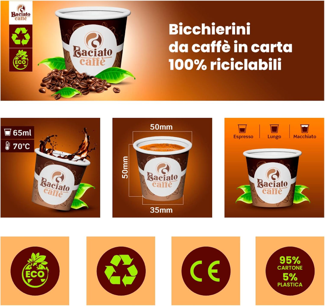 1000 Gläser aus Papier, für Kaffee, 65 ml, biologisch abbaubar, Einweg-Made in Italy, Asporto-Gläser
