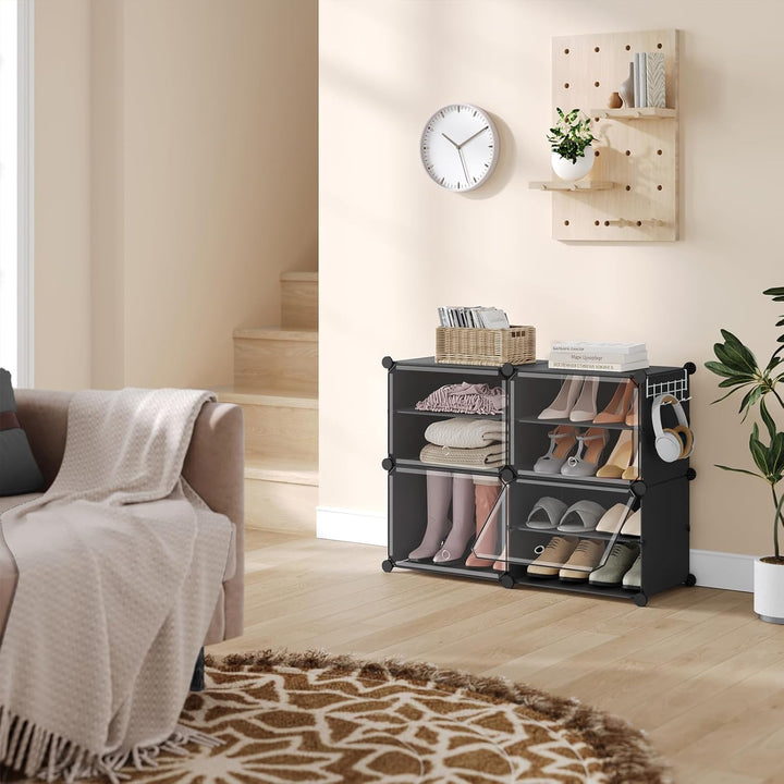 WOLTU Schuhregal, Schuhschrank mit 4 Fächern, Platzsparend, Mit Haken, Schuhablage Kunststoff, für F