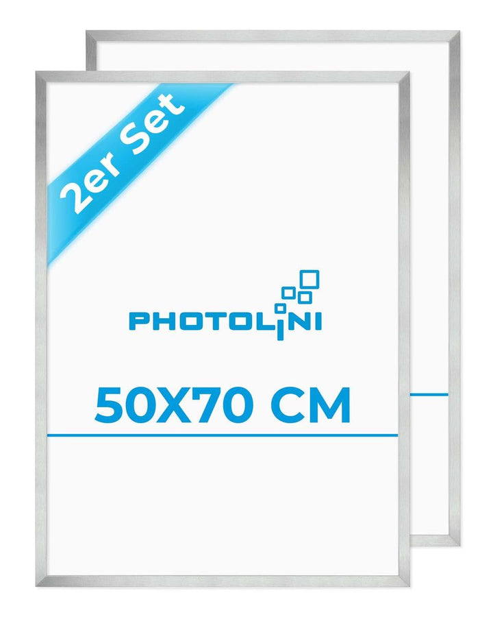 PHOTOLINI Bilderrahmen 50x70 cm Silber MDF-Holz, 2er Set Posterrahmen, bruchsicheres Acrylglas, zum