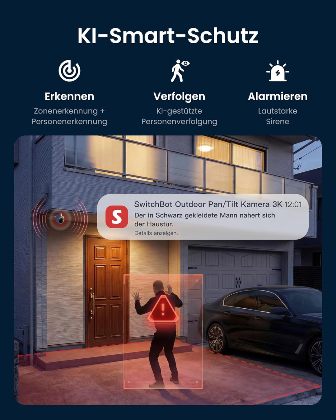 SwitchBot 3K Überwachungskamera Aussen, KI-Videosuche, Szenenbenachrichtigungen & Tagesbericht, PTZ