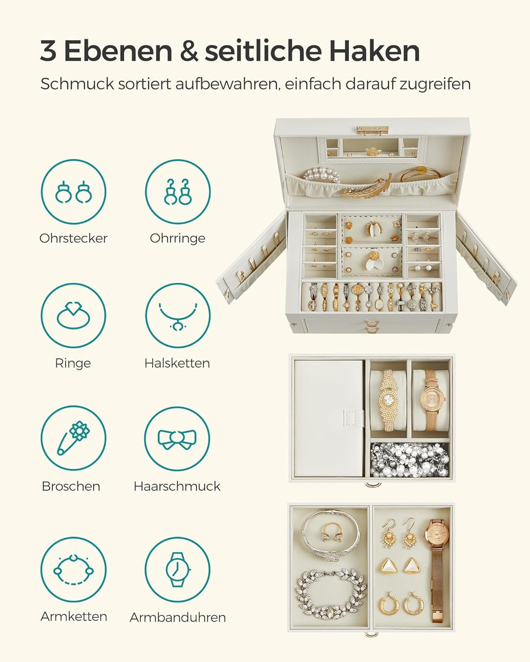 SONGMICS Schmuckkästchen 3 Ebenen, Schmuckkasten 2 Schubladen, tragbare Mini-Box für Reisen, mit Gri