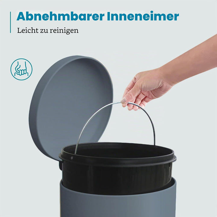 Mülleimer 30L Treteimer mit Softclose-Deckel und Pedal, Grau | 30L Edelstahl Treteimer, Rund, Müllei