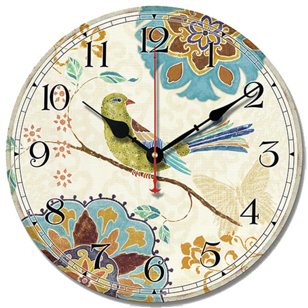 SWHONG Wanduhr, bunt, Shabby Chic, Vogel & Blumen, Nicht Ticking, für Wohnzimmer, Dekoration des Hau