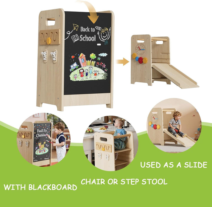 Montessori Lernturm ab 1 Jahr 4-in-1 Trittleiter Holz mit Tafel & Schiebeleiter 4-Fach Höhenverstell