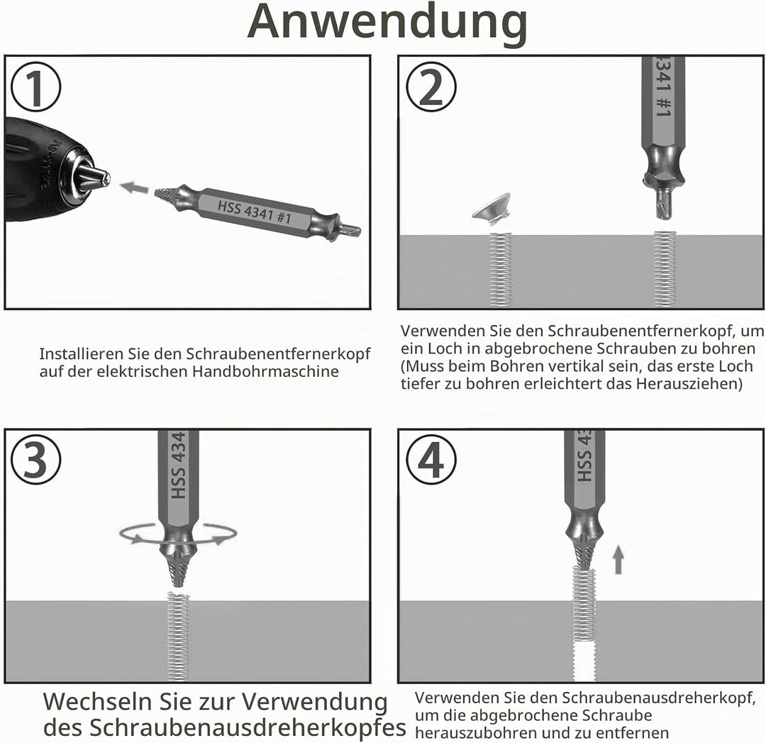 HSS 4341 Schraubenausdreher Set, 5-teilig M3-M18 Beschädigte Schrauben Entferner, Linksdreher mit Se