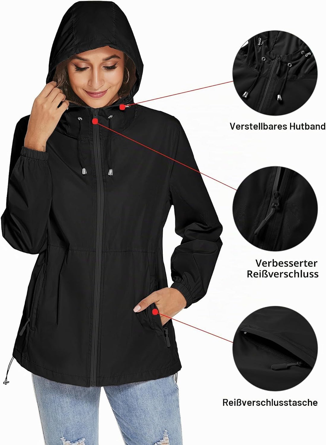 iWoo Regenjacke Damen Wasserdicht Atmungsaktiv Dünne Regenmantel Leichte Jacke Outdoorjacke Windbrea