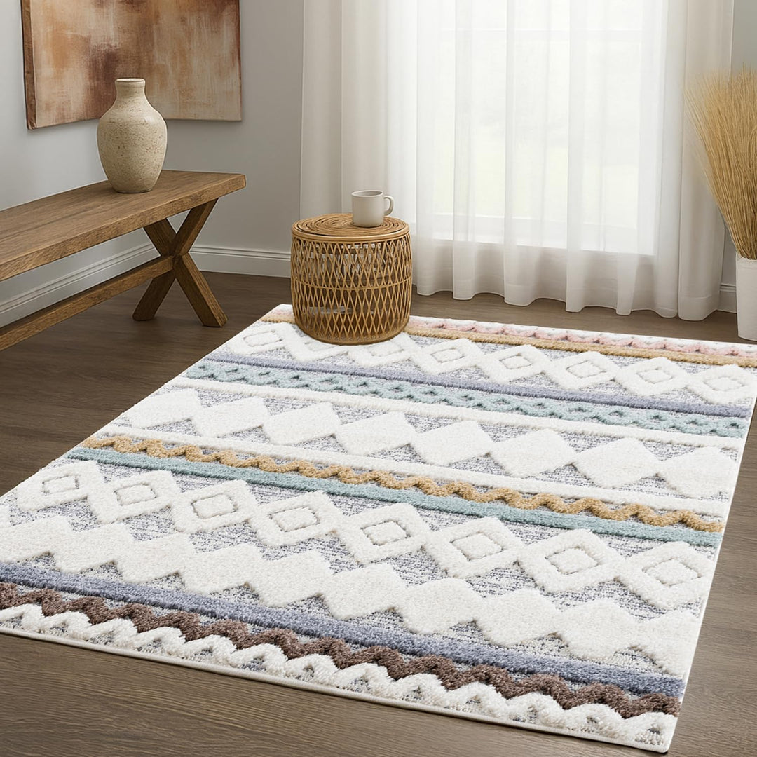 payé Teppich Wohnzimmer - 80x150cm - Hochflor Flauschig Weich - Pastellfarben Multi - Boho Design -