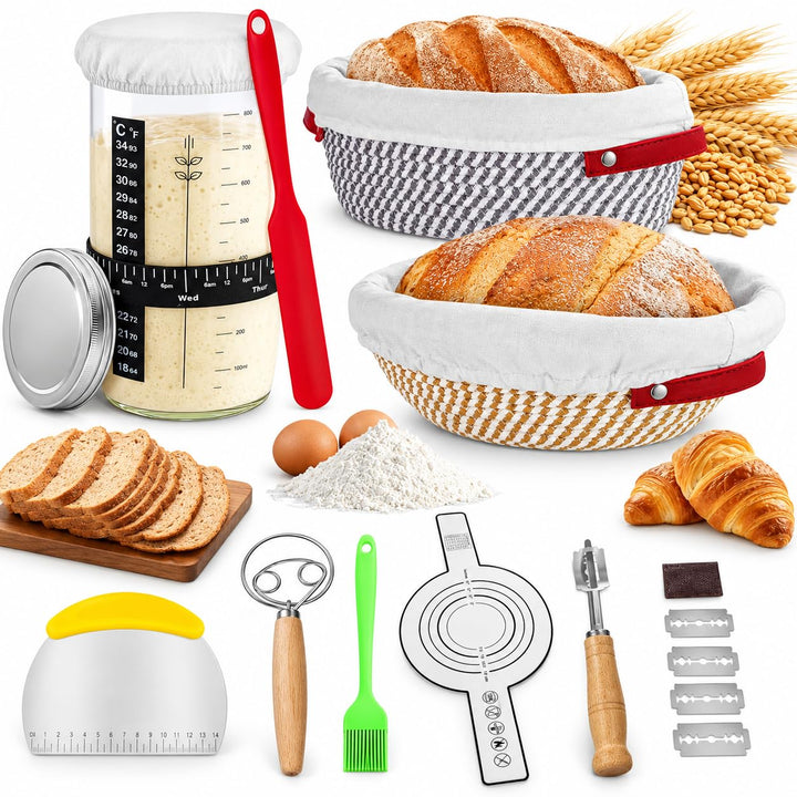 Brot Gärkörbchen Set, 14-Teilig Sauerteig Starter Set mit 2 Gärkörbe Rattan, Sauerteig Starterglas,