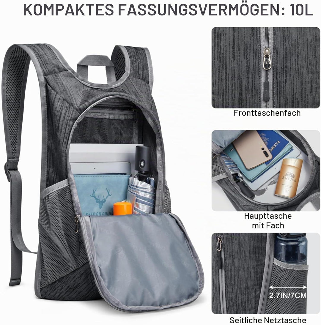 G4Free Wanderrucksack, 10 l, klein, für Reisen, Wandern, Tagesrucksack, leicht, verstaubar Schwarz 1