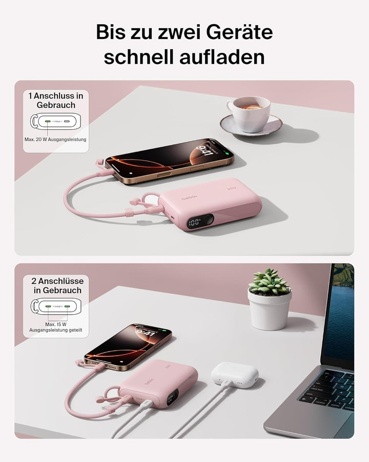 Belkin Powerbank 10.000 mAh, Powerbank mit 2 USB-C-Anschlüssen, Handyakkus mit Digitale Akkuanzeige,