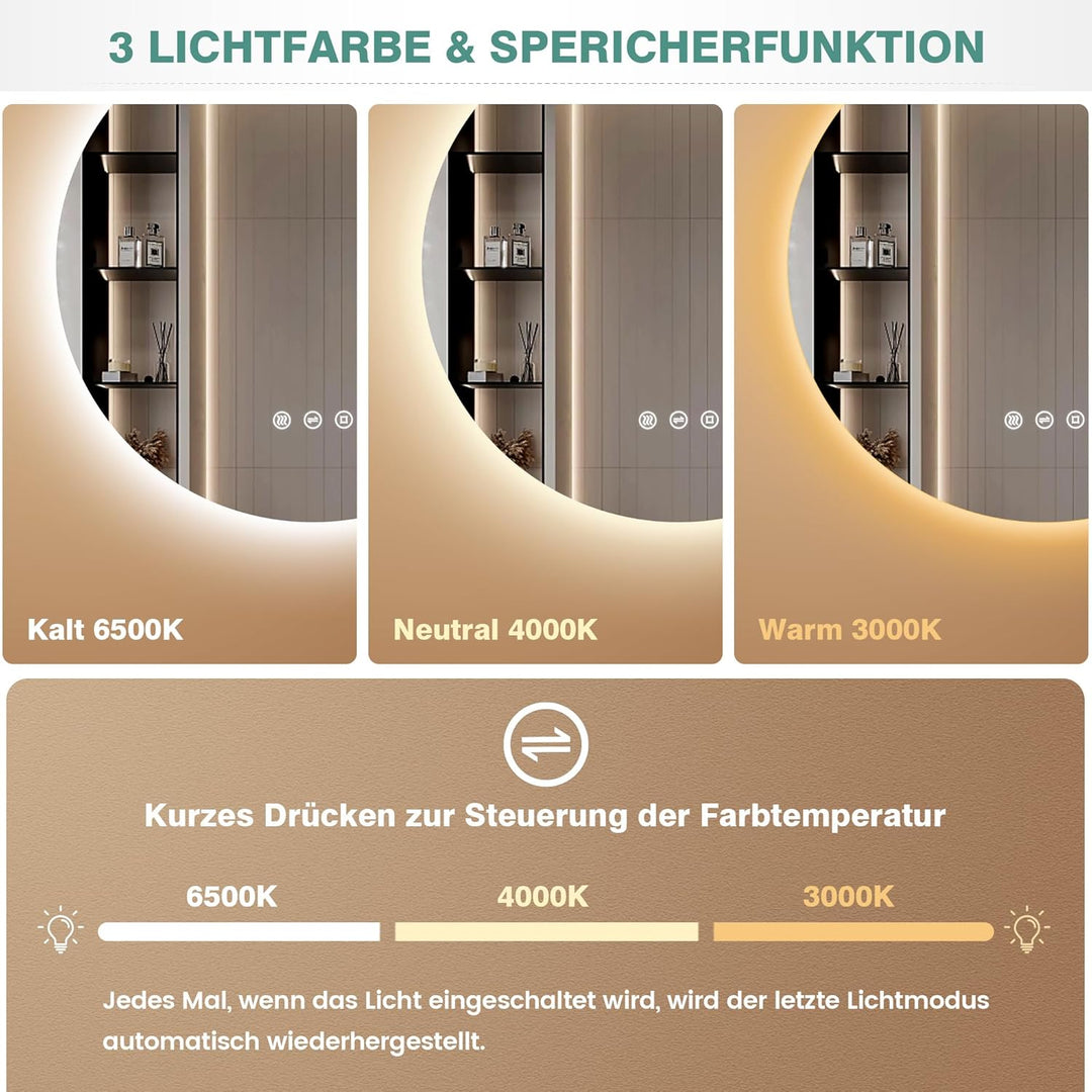 Runder Badspiegel mit Beleuchtung, 3 Lichtfarben, Dimmbar, Touch-Schalter, 70cm Badezimmer Spiegel m