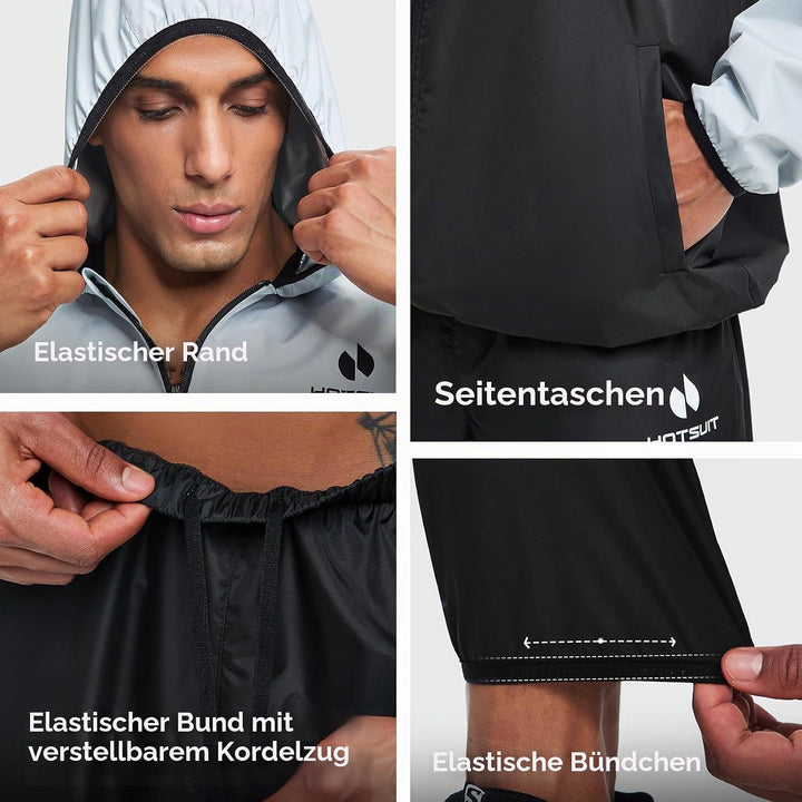 HOTSUIT Schwitzanzug Herren Trainingsanzüge Fitnessstudio Workout Übung Saunajacke Hose Ganzkörper M