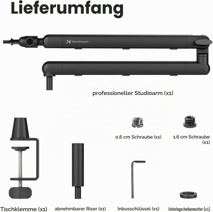 NearStream Mikrofonständer mit 360° drehbarem Schwenkarm, optionale Erhöhung und 3/8 bis 5/8 Adapter