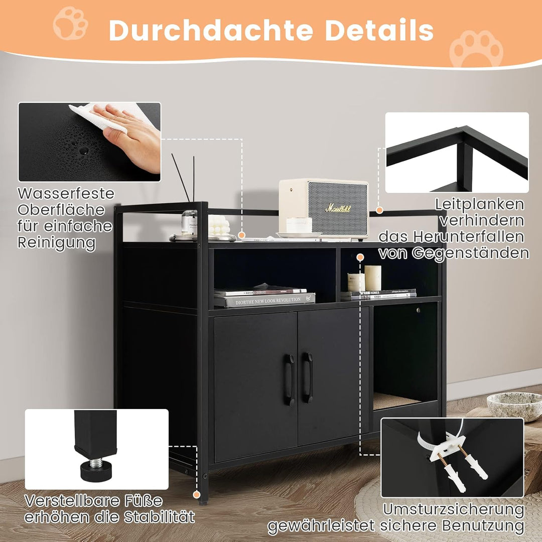 COSTWAY Katzenschrank Katzentoilette mit Doppeltüren & Kratzunterlage, Katzenhaus mit offenem Regal