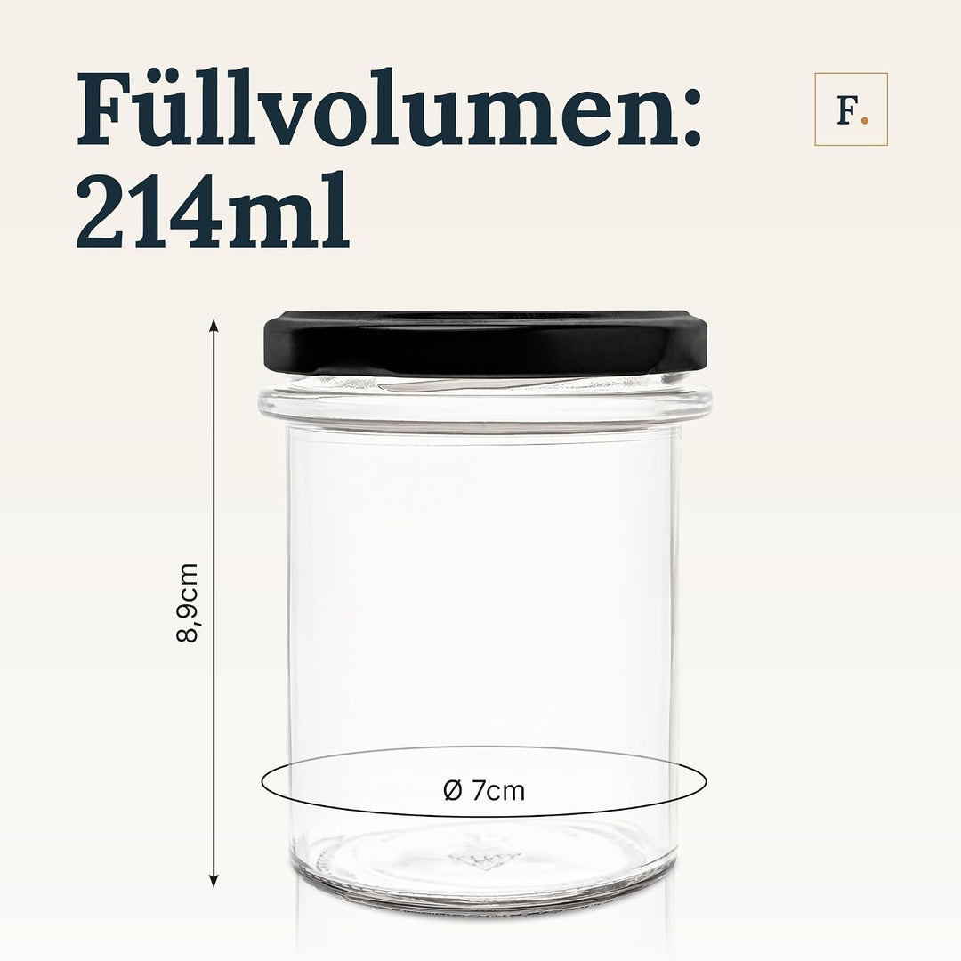 flaschenbauer.de BAUER 24er Set Sturzgläser 214 ml inkl. Schwarze Twist Off Deckel TO66 zum Einmache