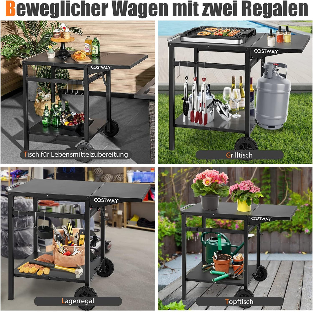 COSTWAY Grilltisch mit klappbarer Tischplatte, Beweglicher Campingtisch mit 2 Ablagen &amp; 4 Haken, Met