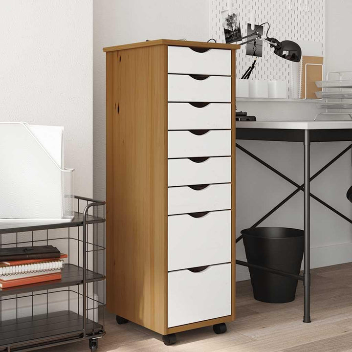 vidaXL Rollschrank mit Schubladen Moss Honigbraun Massivholz Kiefer