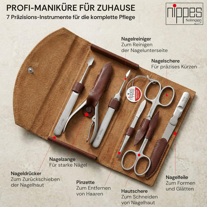 nippes Solingen Classic Premium-Maniküre Set, 7-teilig, Echtes Rindsleder-Nageletui, braun, Edelstah