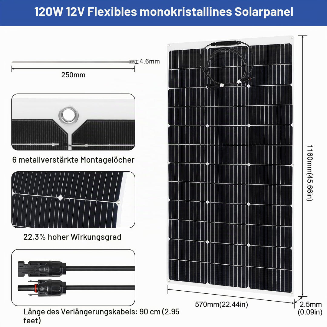 【120W Flexibel Solarpanel 12V】DERUXI 120 W Flexibel Solar Panel: 120W 12V Flexibles Monokristalline