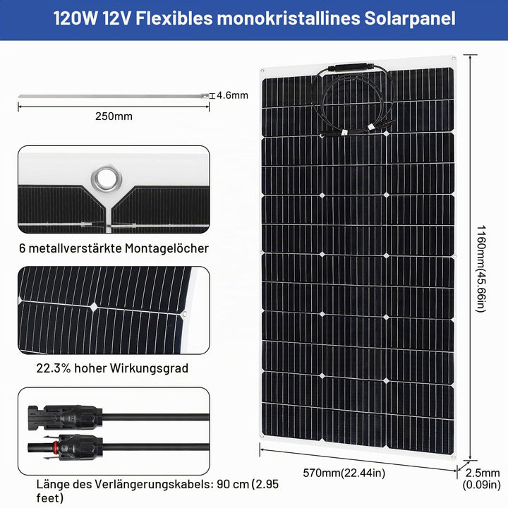 【120W Flexibel Solarpanel 12V】DERUXI 120 W Flexibel Solar Panel: 120W 12V Flexibles Monokristalline