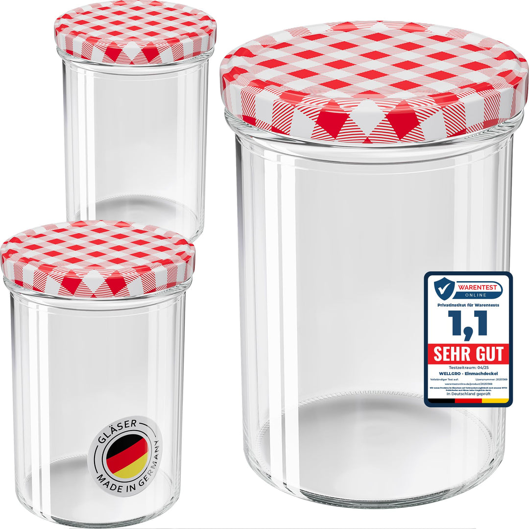 WELLGRO 12x Einmachgläser mit Schraubdeckel - 435 ml, 8,5 x 12 cm (ØxH), Glas/Metall, rot karierte D